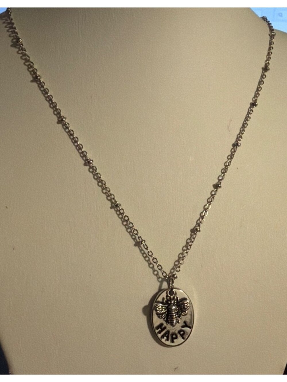 Bee Happy Silver Tone Pendant Necklace Ball Station Chain Bumble Bee Adj 20"